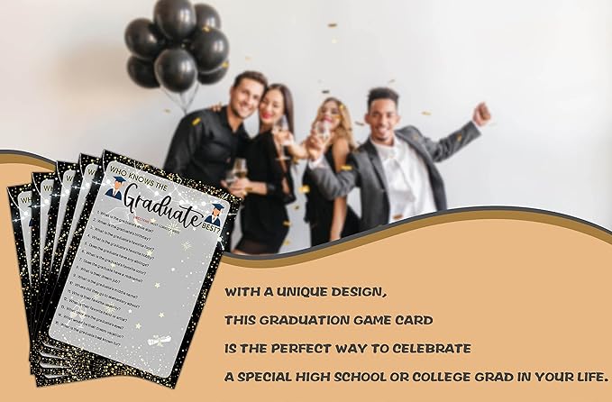 Graduation Party Games - Who Knows The Graduate Best Cards - Graduation Party Decorations 2024 - Gold & Black Grad Celebrations Party Supplies for High School/College - 30 Game Cards(H01)