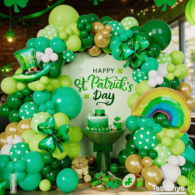 St. Patrick's Day Balloon Garland Arch Kit,Green Gold White Balloons Lucky Shamrock Clover Rainbow Hat Foil Balloons for Happy St. Patrick's Day Decorations Irish Festival Birthday Party Supplies