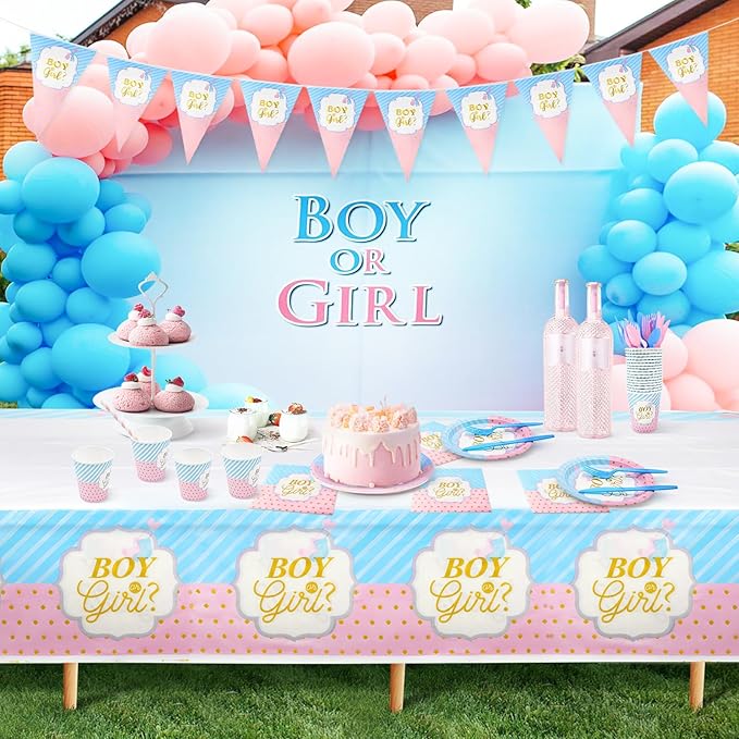 Gender Reveal Party Tableware Set - 114 Pcs Boy or Girl Paper Plates Cups Napkins Straws Tableware Set Tablecloth Banner Tableware Supplies Baby Shower Decorations