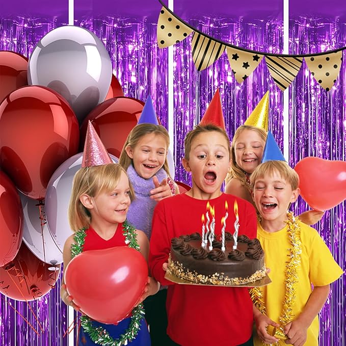 Valentines Day 4 Pack 3.3 * 8.3 ft Foil Curtain Metallic Tinsel Fringe Curtains Photo Booth Props Backdrop for Birthday Wedding Engagement Baby Shower Christmas Holiday Celebration Partyl,Purple