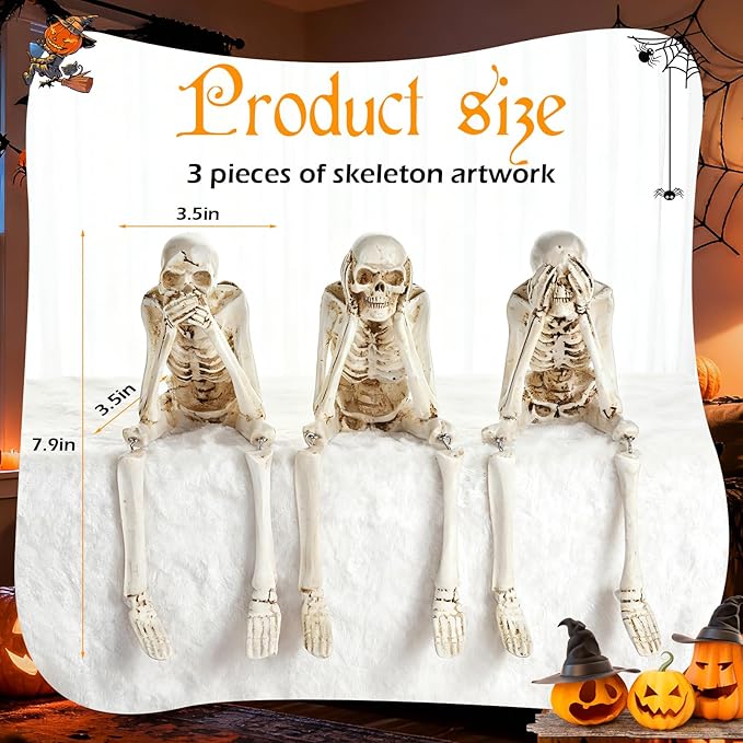Skeletons for Halloween, 3 PCS See Hear Speak No Evil Statues, Realistic Skeleton Figurines, Halloween Mantel Decor, Skeleton Decorations Indoor Outdoor