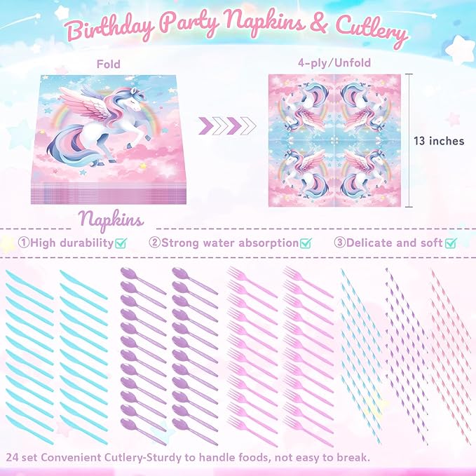 195Pcs Unicorn Birthday Party Supplies with Plates Cups Napkins Straws Cutlery, Unicorn Themed Birthday Decorations with Banner and Tablecloths, 24 Serves Unicorns Disposable Tableware Set for Party
