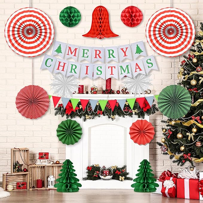 Ahfulife Christmas Party Decorations Supplies Set, Reusable Xmas Decor Kit Indoor - Merry Christmas Sign Banner for Home, Xmas Pennant Banner, Hanging Paper Tissue Fan Tree Garland