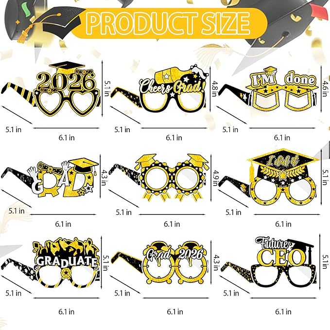 12PCS Graduation Glasses, Graduation Party Paper Eyeglasses Photo Booth Props for Class of 2026 Grad Party Supplies Decorationss