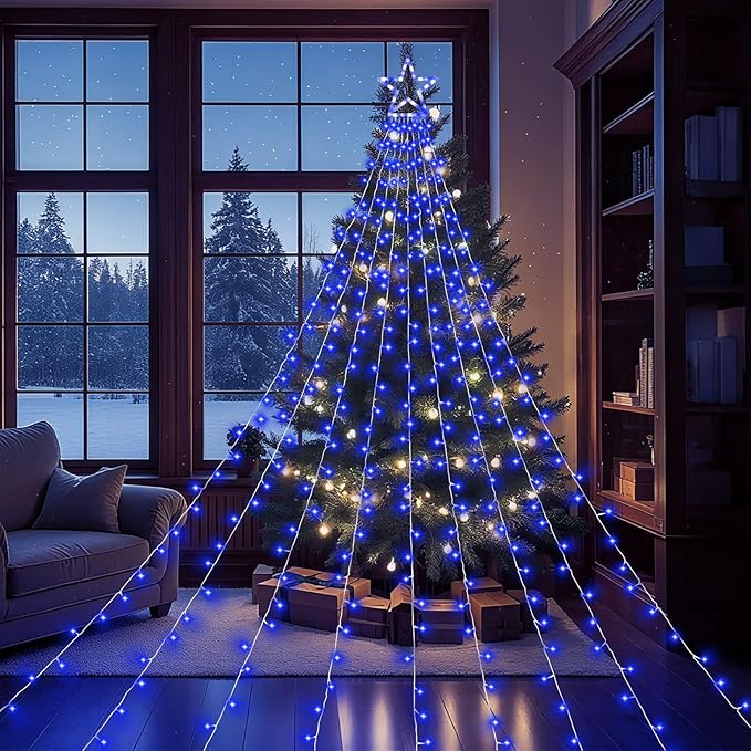 Christmas Decorations Outdoor Lights,11.5 ft 317 LED Star Christmas Tree Lights,8 Memory Lighting Modes&Timer Christmas Star Lights for Yard,Wedding,Party,Christmas Decorations (Blue)