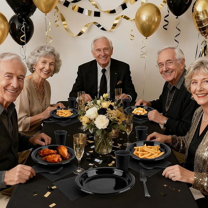 200pcs Black Plastic Party Plates Set, Disposable Black Plates and Napkins for Party, 50 Of Each 9" Dinner Plate, Napkins, Cups & Cutlery Plastic Dinnerware for Retirement, Graduation, Birthday, BBQ