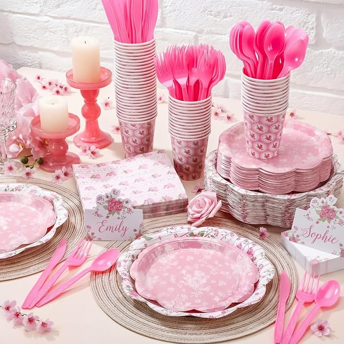 Shellwei 410 Pcs Tea Party Supplies Elegant Floral Paper Plates and Napkins Set Disposable Party Tableware Sets with Cups Knives Forks Spoons Seat Card Favors for 50 Guests