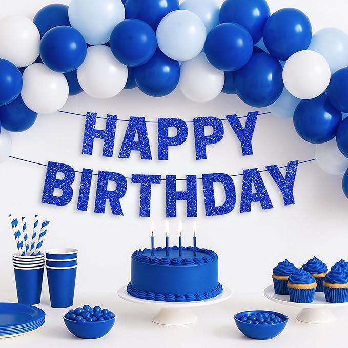 Pre-strung Happy Birthday Banner - No DIY - Blue Glitter Happy Birthday Party Banner for Men Woman Boys Girls - Pre-strung on 8 ft Strands - Blue Bday Party Decorations & Decor. Did We Mention No DIY