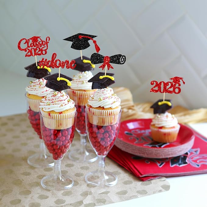 Gyufise 30Pcs 2026 Graduation Cupcake Toppers Red Glitter Class of 2026 Cake Toppers Graduation Done Cupcake Picks Grad Cap Diploma Cake Decorations for 2026 Theme Party Cake Decorations