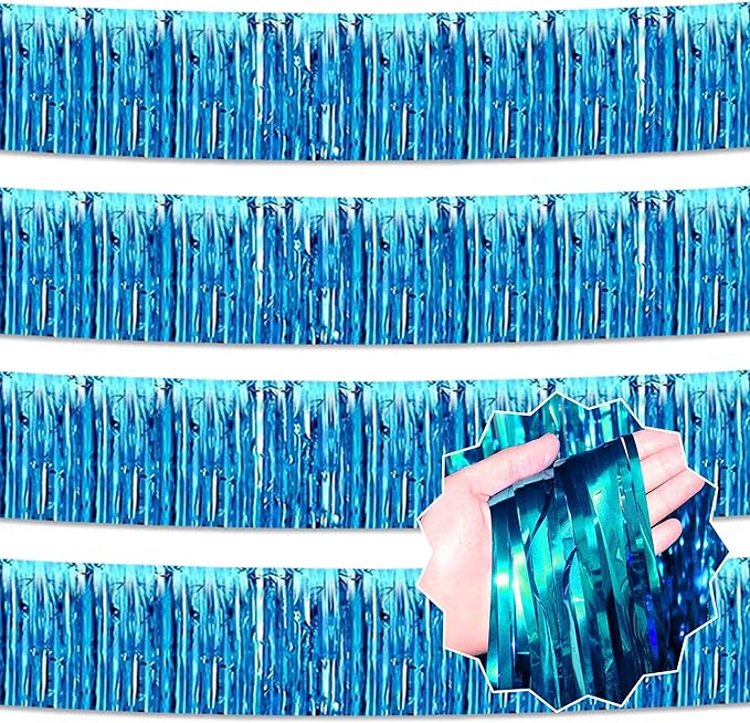4 Pack 10 Ft Lake Blue Foil Fringe Garland Metallic Streamers Tinsel Banner Wall Hanging Garland Backdrop for Parade Floats, Halloween, Christmas, Thanksgiving, New Year Party Decorations