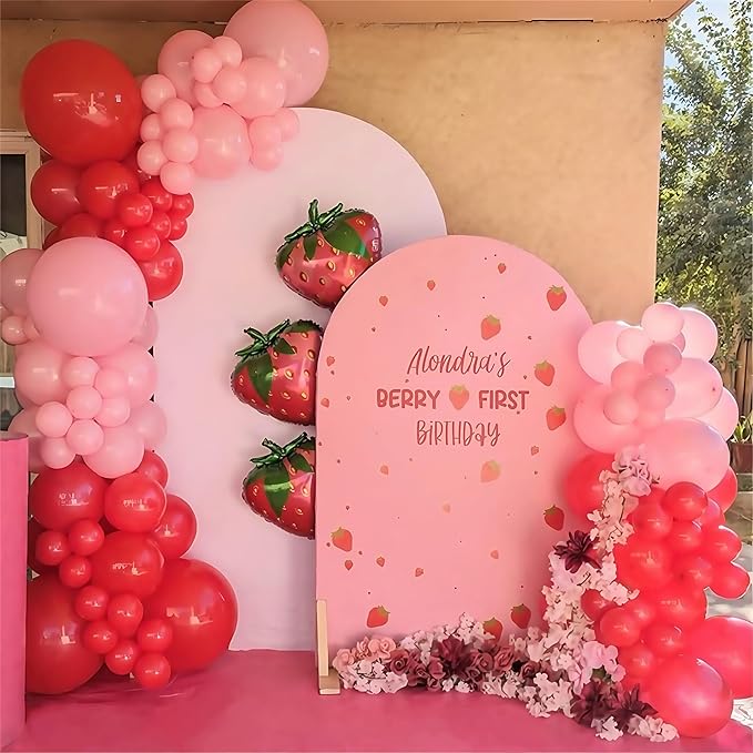 Strawberry Balloon Arch Garland Kit, Red and Hot Pink Balloons with Strawberry Printed and Green Long Latex Balloons for Girls Sweet One Berry First Birthday Baby Shower Princess Decoration Supplies