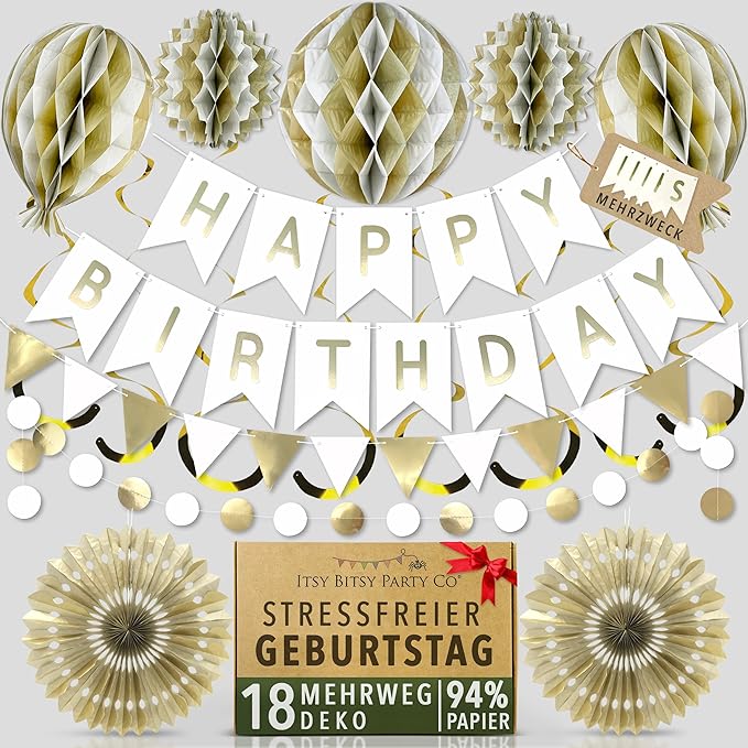 Premium Reusable Birthday Decorations - Multi-occasion Happy Birthday Banner also spells Party Day + more, Fast Assembly with Velcro - White and Gold Party Decorations for Men and Women