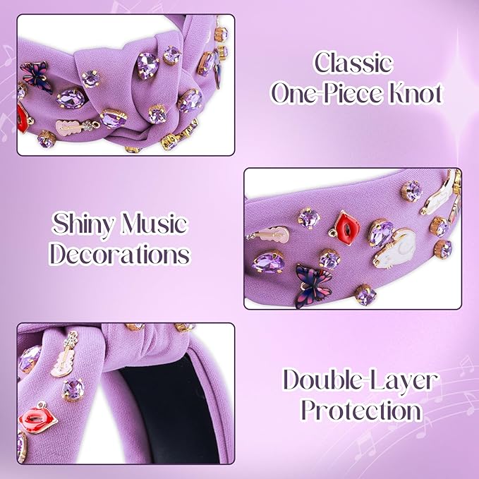 Music Headbands for Women, Singer Fans Valentines Day Gifts, Guitar Red Lip Rhinestone Wide Jeweled Knotted Headband, Crystal Beaded Jeweled Headband Hair Accessories Concert Birthday Gift (Purple)