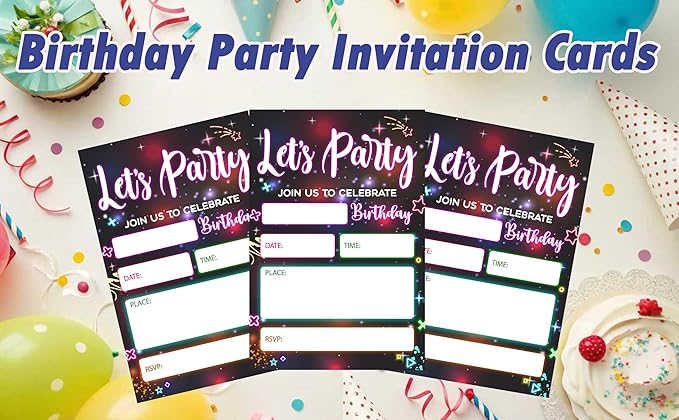 CLIRBE Let's Party Birthday Party Invitations, Glow Neon Invited Birthday Invitations For Teen Boys Girls, 20 Invites Cards With 20 Envelopes, Party Supplies Favors -H16