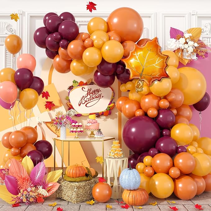 Fall Balloon Arch Kit - Burnt Orange, Burgundy, Yellow Maple Leaves Pine Cone Balloons for Autumn Decorations, Baby Shower, Thanksgiving Festival