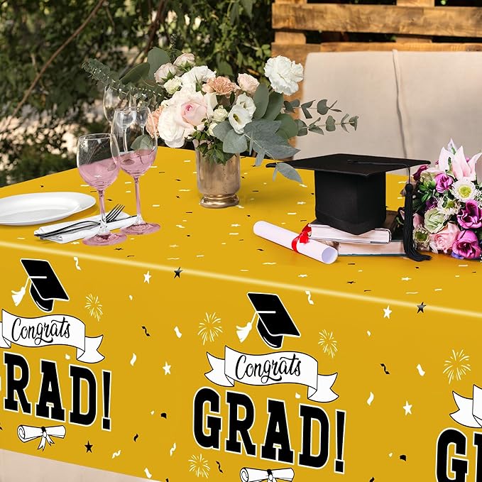 2 PCS 2026 Graduation Table Decorations, 108" X 54" Yellow Plastic Graduation Table cloths, Disposable Tablecover for Class 2026 Congrats Grad, Rectangle TableCloths for Grad Decor Party Supplies