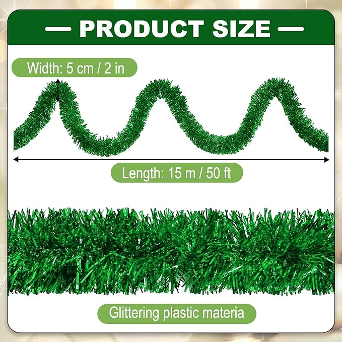 50 Feet Christmas Tinsel Garland, Metallic Twist Garland Wall Hanging Tinsel Garland Backdrop for Parade Floats, Carnival, Birthday, Wedding, New Year Party Decorations (Green, 2in x 50ft)