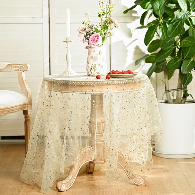 Horaldaily Beige Gold Sparkling Star Gauze Tablecloth 60x84 Inch Rectangular, Golden Star Sequin Glitter Metallic Foil, Sheer Tulle Cheesecloth for Wedding Baby Shower Party
