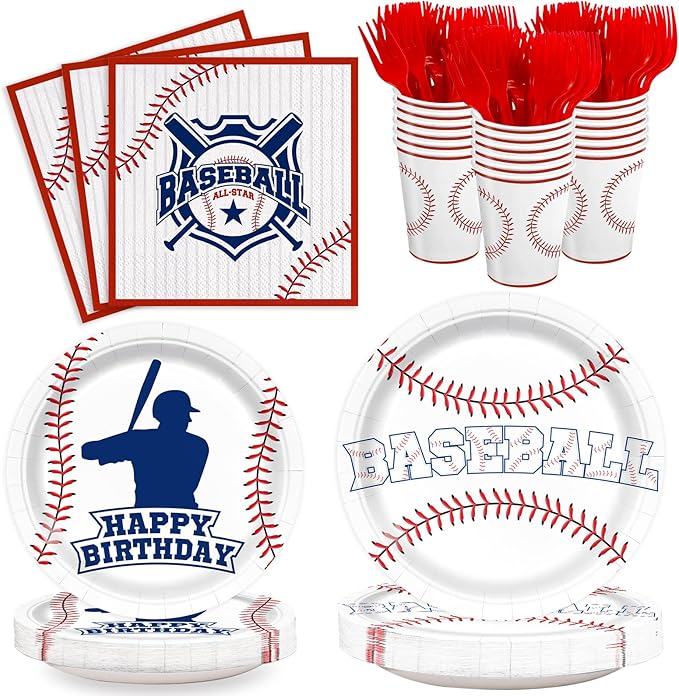 120pcs Baseball Party Supplies Birthday Plates Napkins Cups Red Forks Sports Birthday Party Decorations Paper Dessert Tableware Set for 24 Guests
