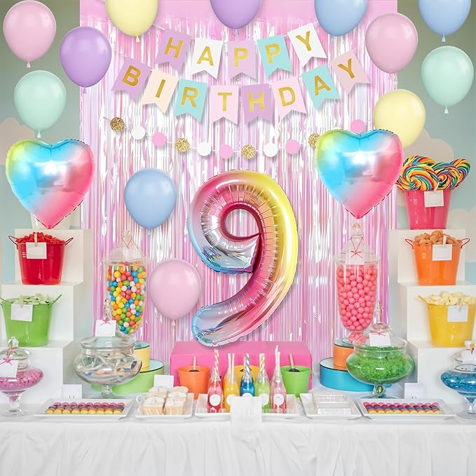 9th Birthday Decorations Rainbow,Gradient Number 9 Balloon,Pastel Happy Birthday Banner Fringe Curtain Heart Foil Balloons Boys Girls 9 Year Old Decor