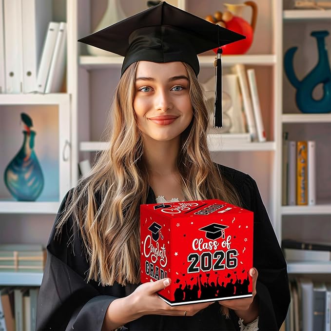 Graduation Card Box 2026 - Congrats Grad Card Boxes Holder, Red Class of 2026 Graduation Gift Cards Box for Graduation Party Decorations 2026 Favors Decor Supplies Props,9x 9 x 9 inches