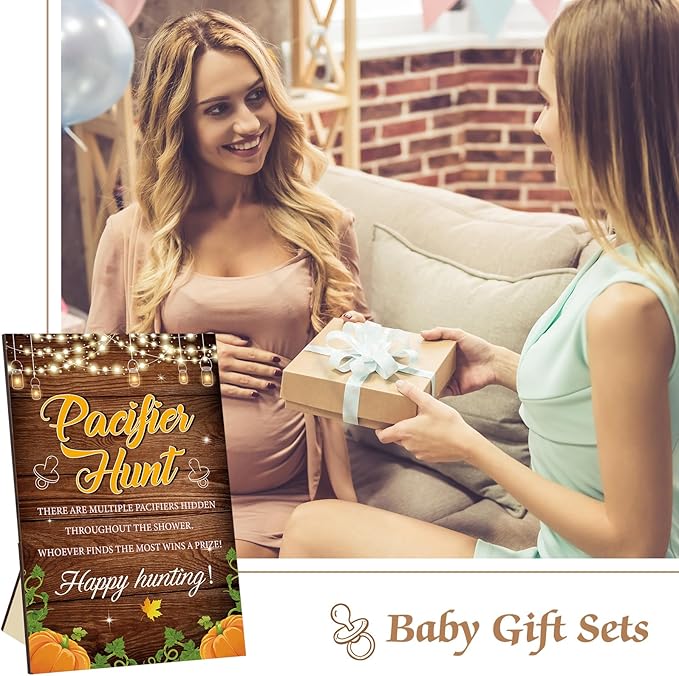 Thyle 51 Pcs Fall Pumpkin Baby Shower Games a Little Pumpkin Is on The Way Thanksgiving Pacifier Hunt Include Hunt Sign and 50 Acrylic Pacifiers for Baby Shower Gender Reveal Autumn Theme Decoration