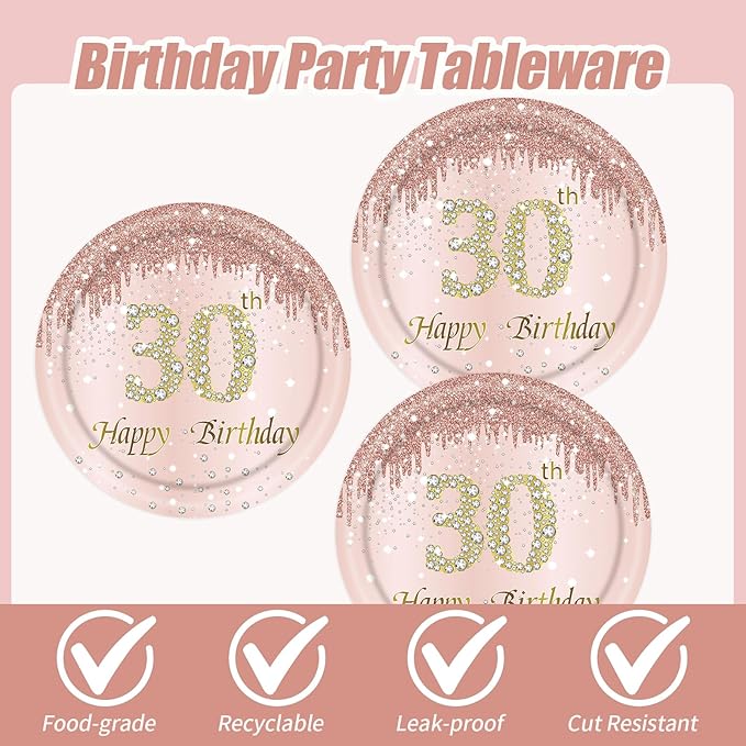 30th Rose Gold Birthday Plates and Napkins, 9 Inch Pink Rose Gold Disposable Dinner Dessert Plates Happy 30th Birthday Party Supplies Decorations for Girls Women
