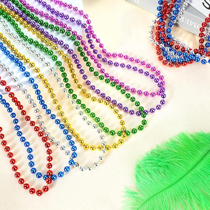 SHAOQINLIN 50 PCS Silver Mardi Gras Beads, 33" Silver Christmas Necklace, Metallic Patriotic Beads Necklaces, Parade Throws Accessories for Christmas Independence Day New Year Party Favors