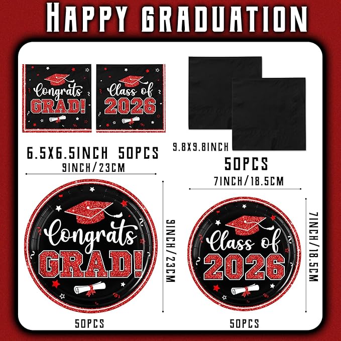 Graduation Plates and Napkins 2026,Red and Black Graduation Decorations 200pcs Graduation Paper Plates and Napkins Graduation Party Supplies for Graduation Party Decorations,Serve 50