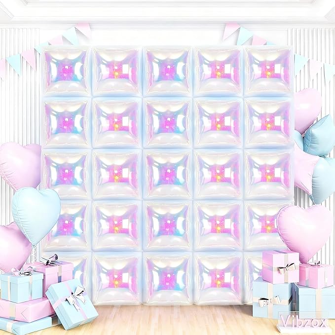 Iridescent Square Foil Balloons Wall, Double Sided Chrome Holographic Rainbow Foil Balloons Wall Backdrop, Shiny Iridescent Balloons for Wedding Anniversary Mermaid Birthday Disco Party Decorations
