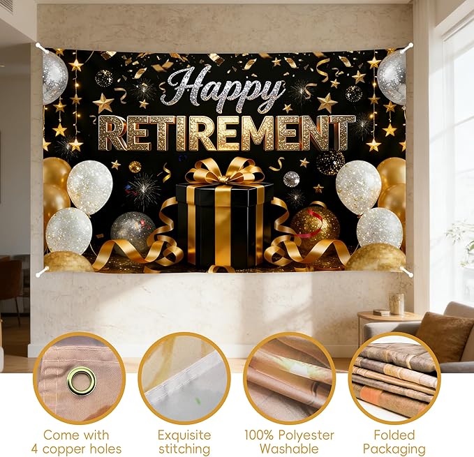 Retirement Party Decorations - Extra Thick Fabric Happy Retirement Backdrop Banner, Large 72x43" Black and Gold Photo Booth Props, Elegant Retire Sign for Men Women Office Outdoor Garden Wall Decor