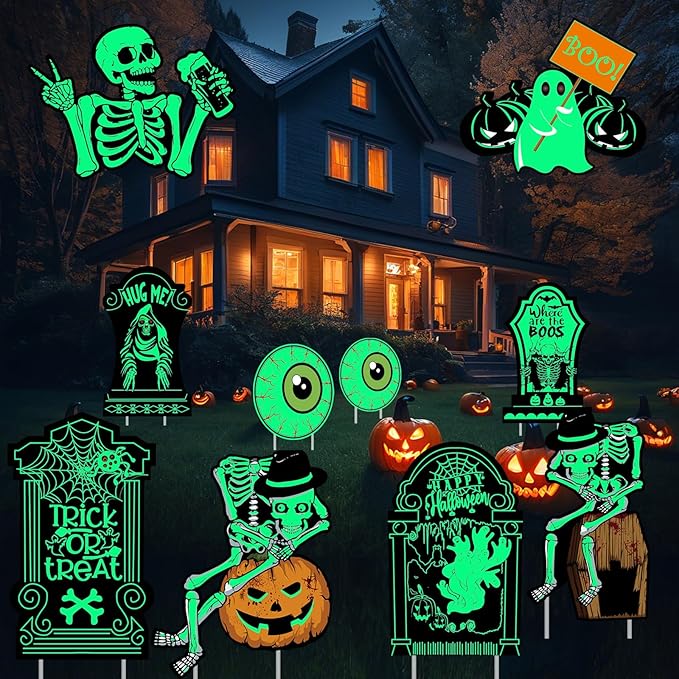 10 PCs Halloween Decorations Outdoor Tombstone Yard Sign with Stakes Glow in The Dark Graveyard Tombstones Pumpkin Ghost Props for Family Home Front Yard Lawn Garden Halloween Party Decor