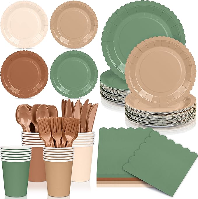 168 Pcs Woodland Baby Shower Tableware set Sage Green and Brown Party Supplies Include Forest Scalloped Plates Paper Napkin Cup Knife Fork Spoon for Safari Jungle Neutral Birthday,Wedding