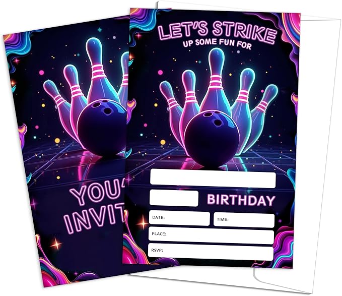 Neon Bowling Birthday Party Invitation Cards 20 Invitations With Envelopes, Bowling Invites For Birthday Parties,Theme Birthday Decorations, Party Gathering Invitation (4x6 inch)