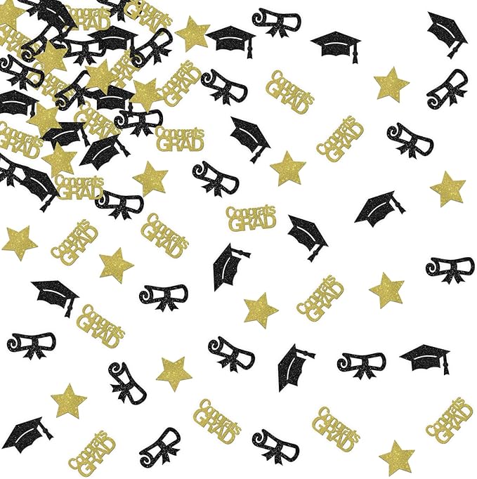 120pcs Congrats Grad Confetti - Class of 2025 Graduation Party Sign - High School College Graduation Party Table Decoration Scatters - Black & Gold Glitter