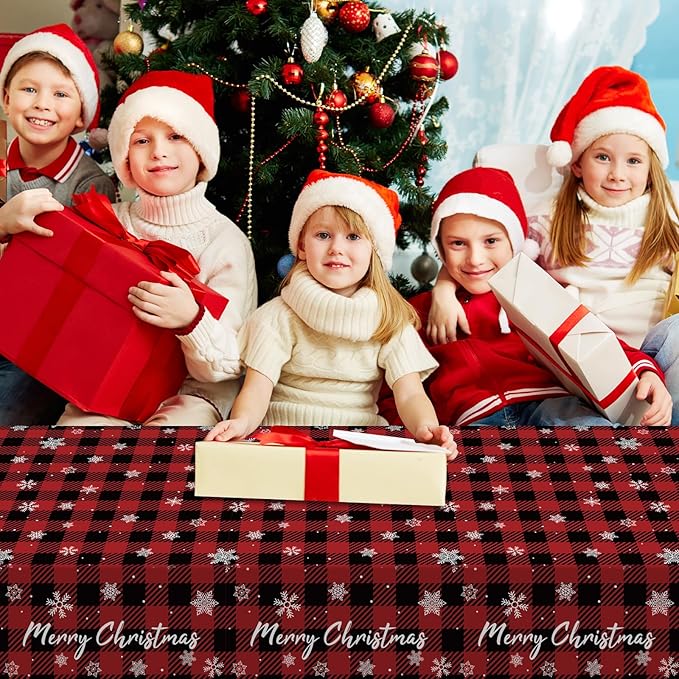6 Pack Snowflake Tablecloth - Disposable Plastic Table Cover for Christmas Party Decoration Supplies - 54 x 108 Inches (Red Checkered Snowflake)