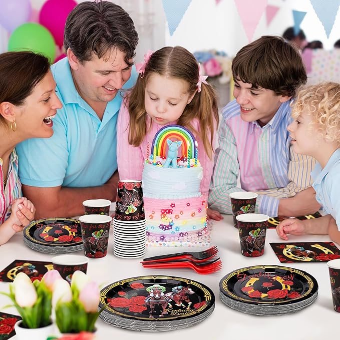 Kochorie 144 Pieces Horse Racing Party Tableware Sets Including Disposable Plates Napkins Cups Forks Serves 24 for Birthday Horse Theme Party Supplies