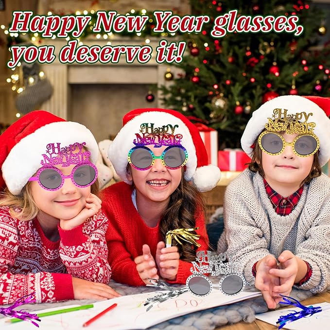 16Pcs New Years Eve Party Supplies 2026 Including Happy New Year Eyeglasses and Metallic Fringed Noise Makers 2026 Glasses New Years Plastic Funny Sunglasses Eyewear