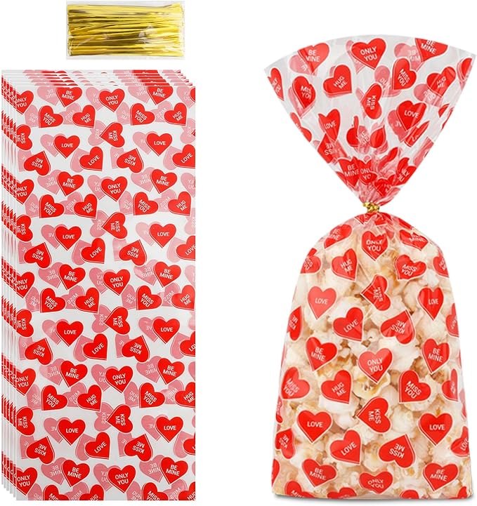 Valentines Treat Bags, 100 PCS Valentines Goodie Bags, Valentines Day Plastic Goodie Candy Goody Cookie Favor Ziplock Cellophane Treat Bags for Classroom Party Small Mini Valentines Gift Bags Bulk