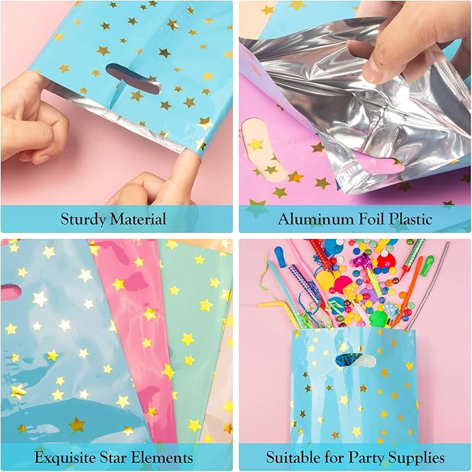 LEKOKO 50 Pcs Party Favors Bags, Cute Star Pattern Birthday Goodie Candy Bags, Plastic Party Gift Bag Bulk for Kids Birthday Baby Shower