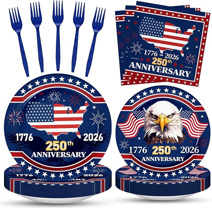 100 Pcs 250th Anniversary Party Supplies - Serves 25, Red White Blue Disposable Tableware, Includes Paper Plates, Napkins, Plastic Forks for 1776-2026 Patriotic Decor, Independence Day, 4th of July