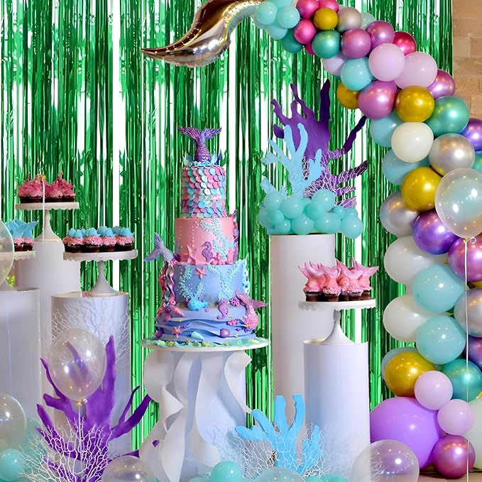 Valentines Day 4 Pack 3.3 * 8.3 ft Foil Curtain Metallic Tinsel Fringe Curtains Photo Booth Props Backdrop for Birthday Wedding Engagement Baby Shower Christmas Holiday Celebration Partyl,Green