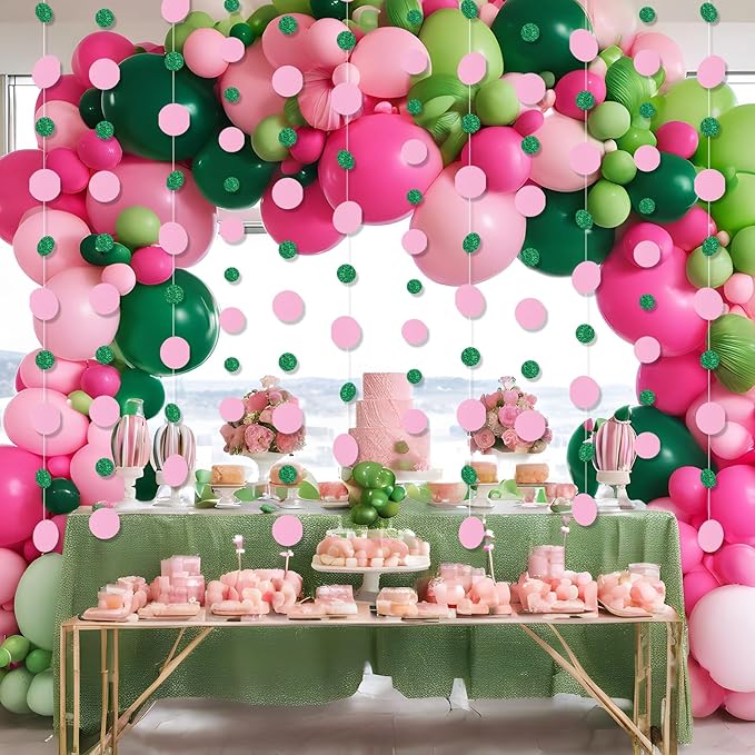 Outus 10 Pieces Pink,Green Round Dots Garland Easter Graduation Party Hanging Decor Each Length 13.1ft Glitter Paper Dot Streamers for Birthday Wedding Classroom