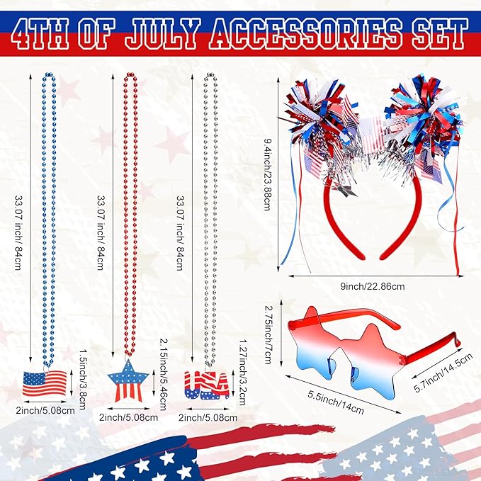 20 Pcs 4th of July Party Favors Accessories Include 1 Pc Headband, 3 Pcs Red White Blue Beaded Necklaces, 1 Sunglasses, 5 Pcs Bracelets, and 10 Stickers for Independence Day Memorial Day Celebrations