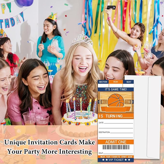 Basketball Birthday Invitation Ticket, Sports Party Celebration Invite for Boys Girls, 20 Basketball Ticket With Envelopes, 3.5 x 8" Double-Sided Fill In Birthday Party Personalized Invites Cards