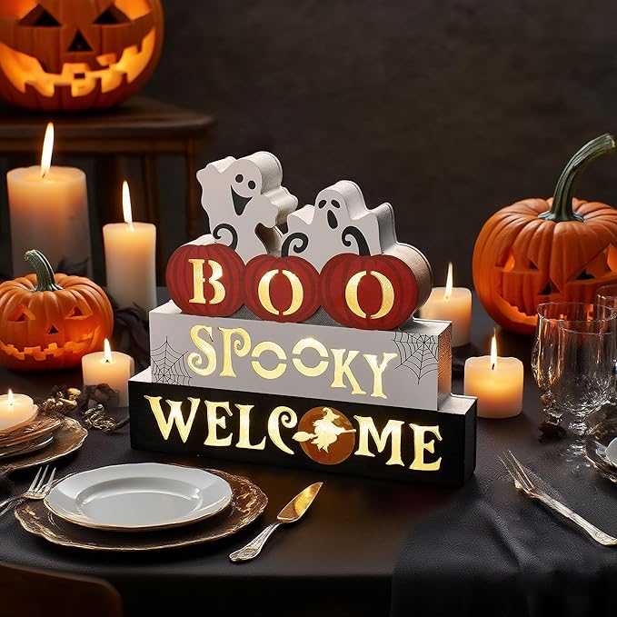 WBao Halloween Decorations Indoor 9.4inch Premium Wooden Block Set with Glowing 3D Letters, Timer, Battery Powered Rustic Farmhouse Centerpiece for Home, Table, Mantel, Shelf Halloween Party Decor