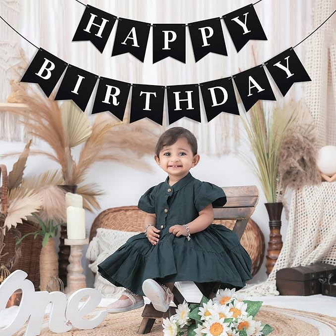 Black Happy Birthday Banner - Black Hanging Backdrop Sign With White Letters, Happy Birthday Sign Bunting Decorations For Men Women Kids Baby Shower Party Supplies (13pcs)