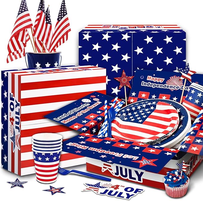 Party Spot! 272 pcs 4th of July Birthday Party decorations,16 Tableware Sets,“USA” Balloons, Paper Plates, Patriotic Party Decorations, Independence Day Party Decoration, Tablecloth, Flag