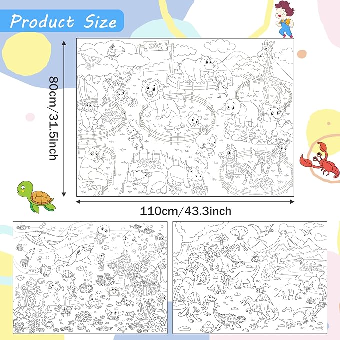 Set of 3 Coloring Posters for Kids Giant Coloring Poster Large Animal Ocean Dinosaur Coloring Tablecloth Jumbo Coloring Books for kids Classroom Home Birthday Party Supplies Favor 31.4 x 43.3 Inch