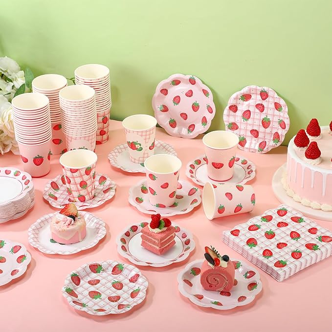 Yungyan 216 Pcs 72 Guest Strawberry Party Paper Plates and Napkins Strawberry Decoration Disposable 6" Scalloped Dessert Plates 9 oz Cup Tableware Set for Baby Shower Berry First Birthday Supplies
